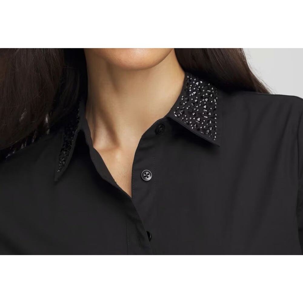 Chico’s Size 3.5 US 18 Tonal Jewels Poplin Shirt Black Embellished Collar Top - Picture 2 of 16